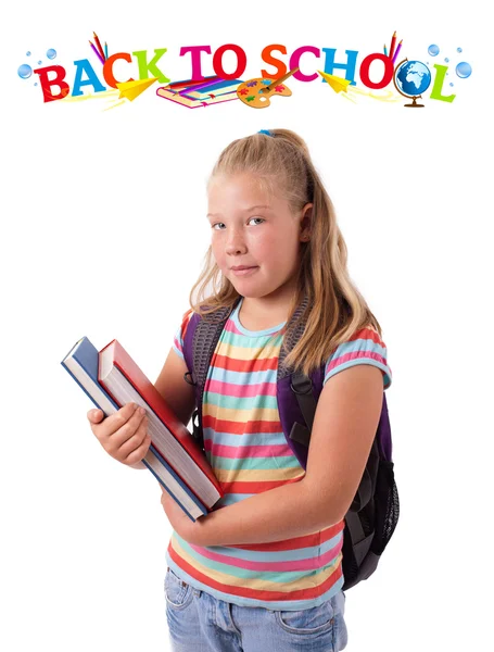 Arka beyaz izole okul tema ile kız — Stok fotoğraf