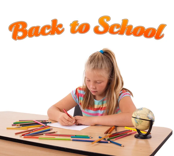 Young girl drawing with back to school theme isolated on white — Stock Photo, Image
