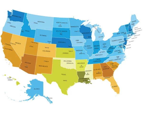Mapa USA s názvy států — Stockový vektor