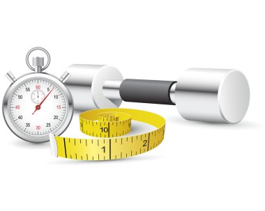 Stopwatch, measuring tape and dumbbells clipart