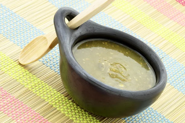 stock image Tomatillo sauce in colombian clay dish