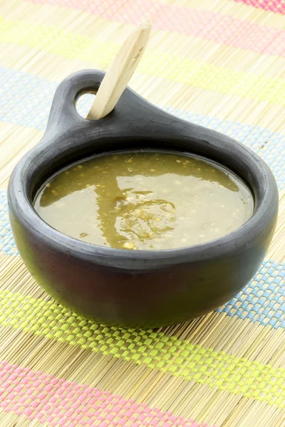 stock image Tomatillo sauce in colombian clay dish