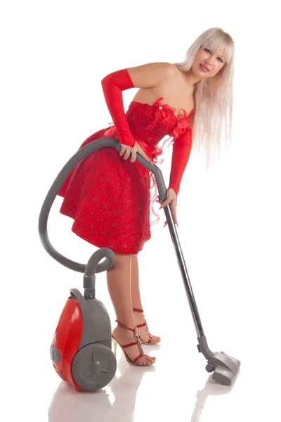 Beautiful woman using vacuum cleaner — Stock Photo, Image