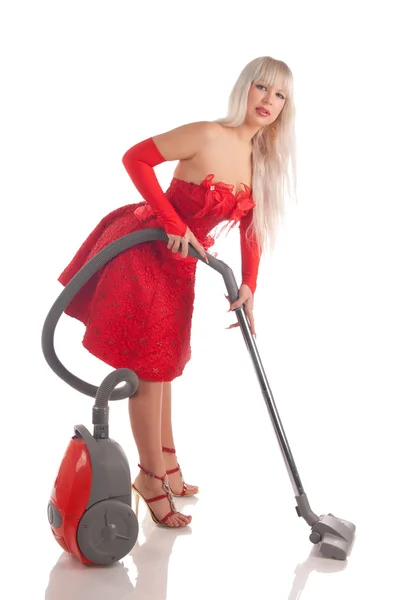 Beautiful woman using vacuum cleaner — Stock Photo, Image