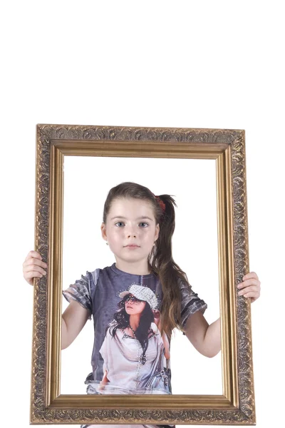 Dziewczynka z bagietki w ramce strony — Zdjęcie stockowe