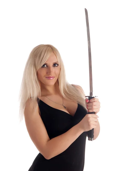 stock image Blonde with a sabre in hands looks at you, on a white background