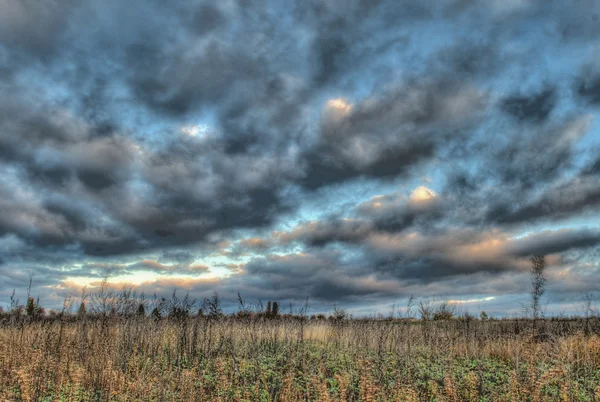 Graues Feld, blauer Himmel und graue Wolken — Stockfoto
