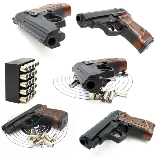 Conjunto de O close-up de uma pistola um alvo e cartuchos é isola — Fotografia de Stock