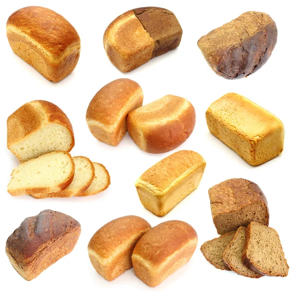 Assortment of different types of bread isolated on white backgro — Stock Photo, Image