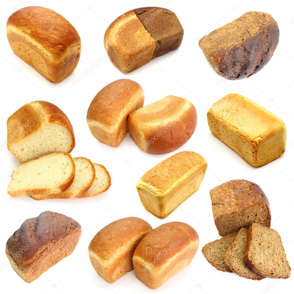 Assortment of different types of bread isolated on white backgro
