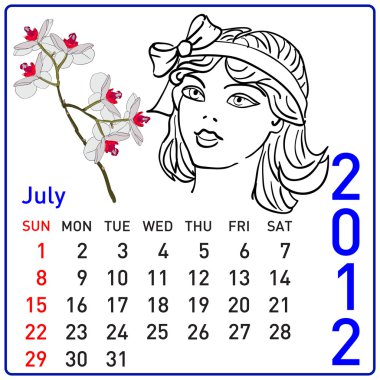 2012 year calendar in  July