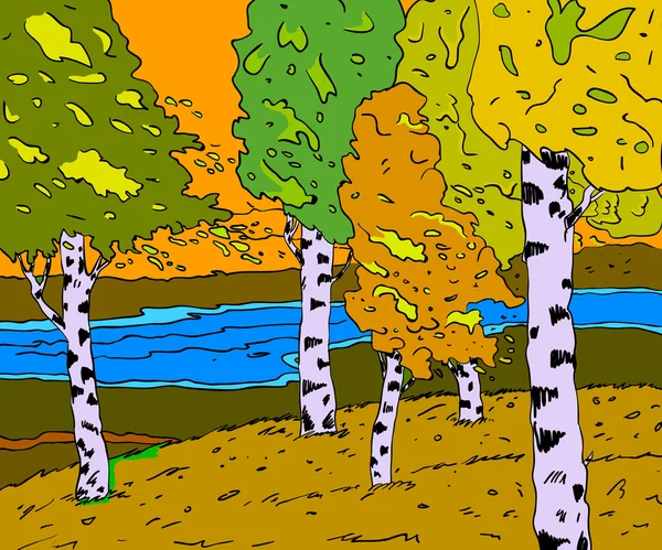 Autumn sunny landscape with forest river illustration — 스톡 사진