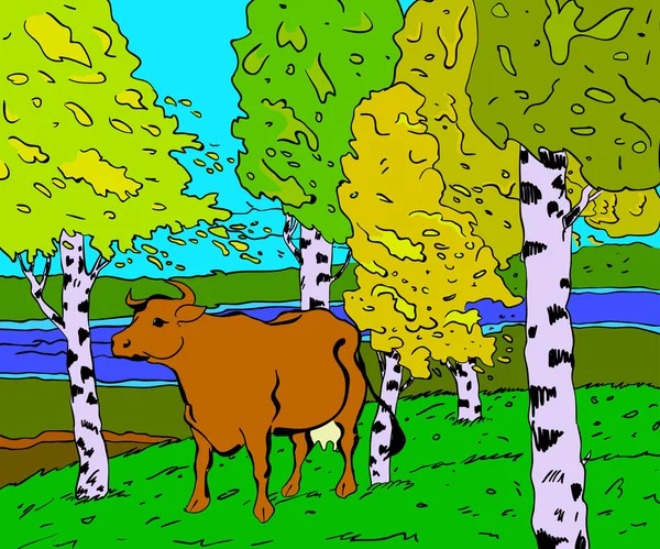 Paisaje soleado otoñal con bosque río e ilusión de vaca —  Fotos de Stock