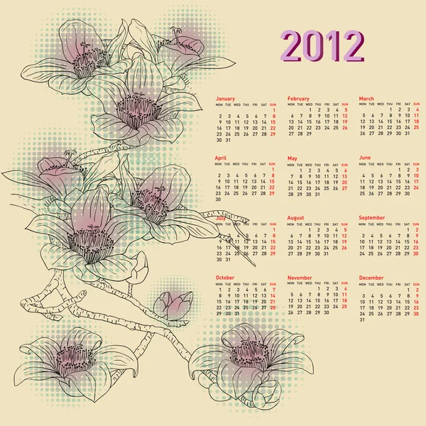 Elegantní kalendář s květinami na rok 2012. týden začíná v pondělí. — Stock fotografie