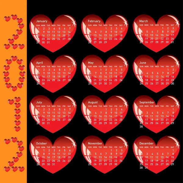 Стильный календарь с красными сердцами на 2012 год. По воскресеньям — стоковое фото