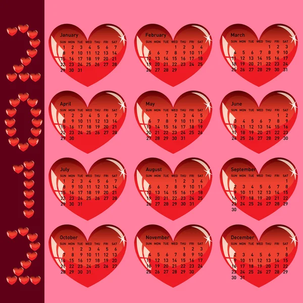 Elegante calendario con corazones rojos para 2012. Los domingos primero. — Foto de Stock