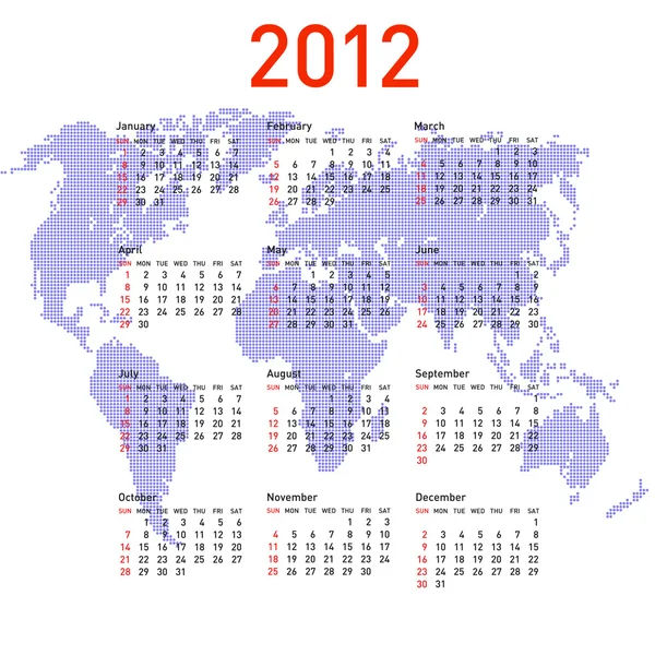 Calendar 2012 with world map. Sundays first — Stock Photo, Image