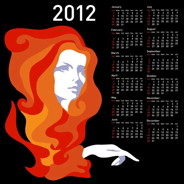 Elegantní kalendář s ženou na rok 2012. týden začíná v neděli. — Stock fotografie