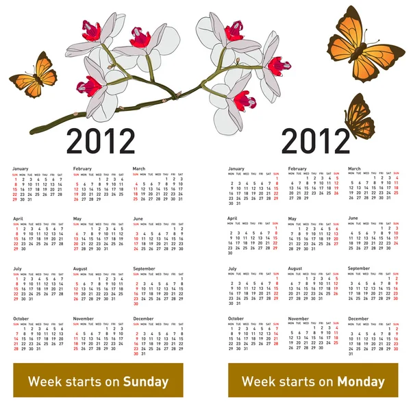 2012 年の花と蝶を持つスタイリッシュなカレンダー。週 sta — ストック写真