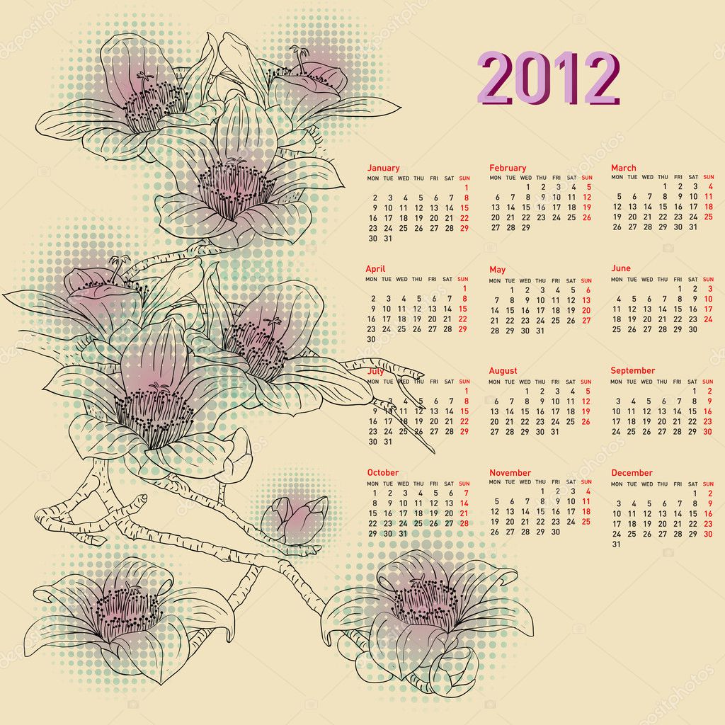 Stylish Calendar With Flowers For 2012 Week Starts On - 