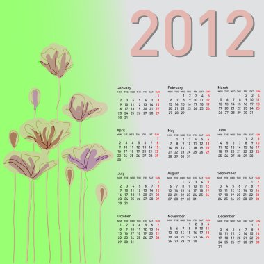 2012 şık takvimi çiçekli. hafta Pazartesi günü başlar..