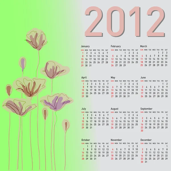 Stylový kalendář s květinami na rok2012. Týden začíná v neděli. — Stock fotografie