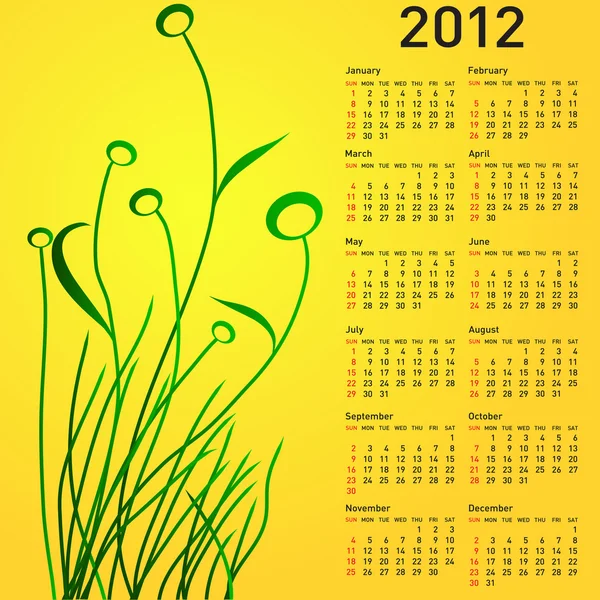 Stylový kalendář s květinami na rok2012. Týden začíná v neděli. — Stock fotografie