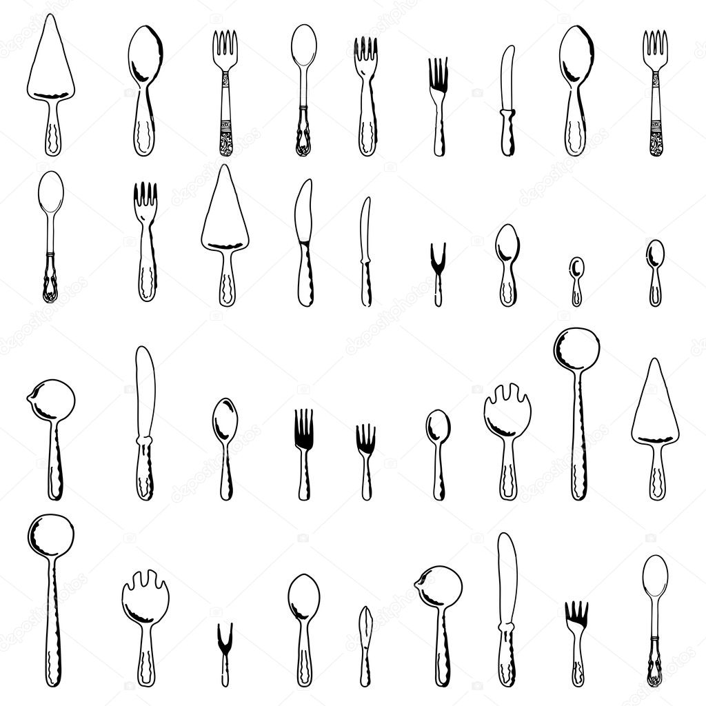 Spoons, forks and knives on a white background illustrat