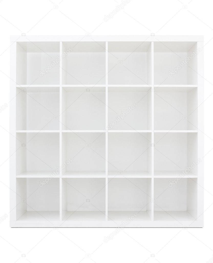 Empty white wooden bookshelf