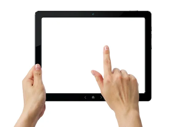Händer som håller pc tablet med tre urklippsbanor — Stockfoto