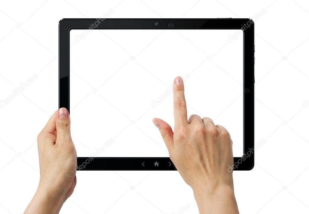 Hands holding PC tablet with three clipping paths