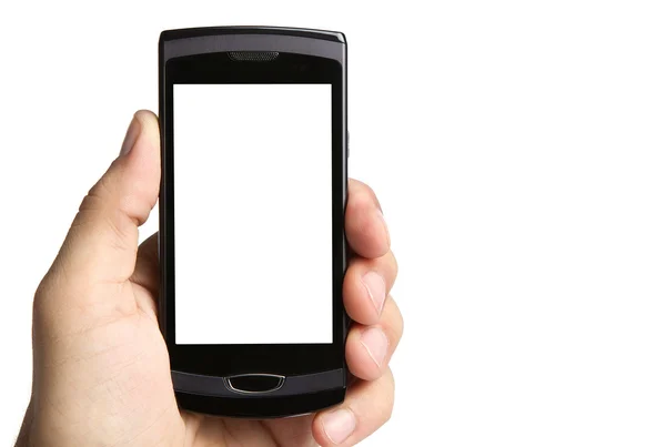 Hand holding lege mobiele telefoon, uitknippaden opgenomen — Stockfoto