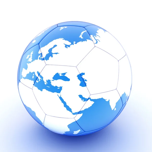 Bílý / modrý fotbalový míč s mapou světa — Stock fotografie