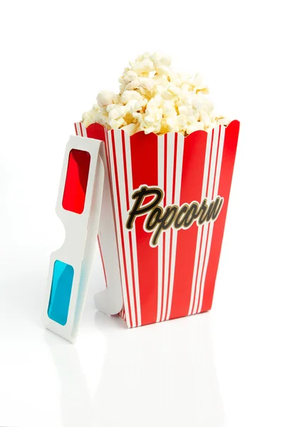 Striped popcorn box with 3d glasses — Stock Photo, Image
