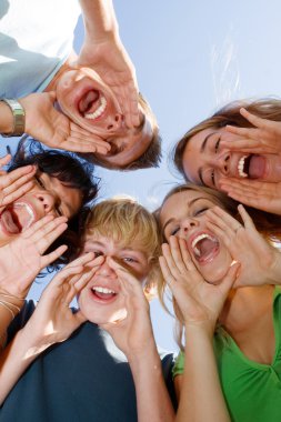 Happy group of kids singing at summer school, clipart