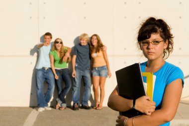 Group of bulllies bullying lonely student clipart