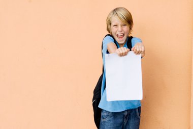 Student showing school report card with pass or exciting news clipart