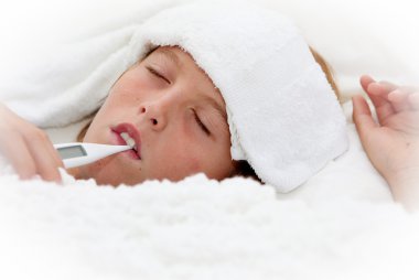 Sick ill child with thermometer clipart