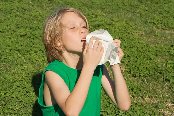 Criança pequena que espirra de alergias, febre do feno ou um resfriado — Fotografia de Stock