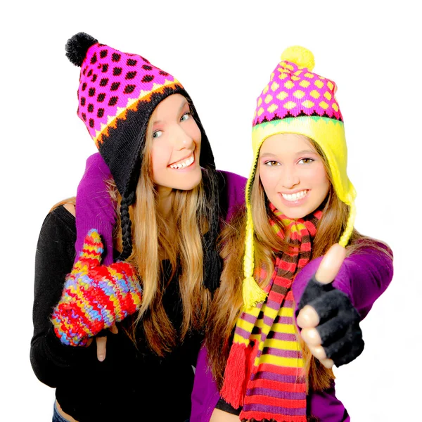 Happy smiling winter hat young women or girls — Stock Photo, Image