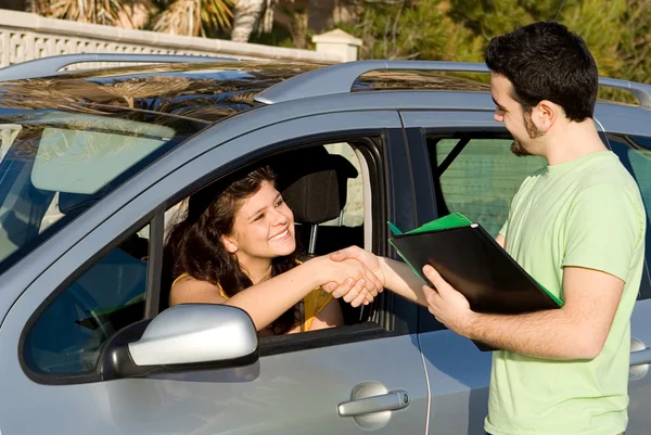 Passed driving, exam or buying or hiring, new car. — Stock Photo, Image