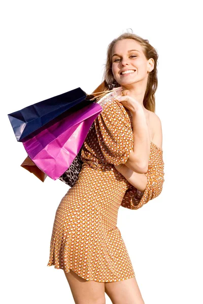 Comprador mulher feliz com sacos de compras — Fotografia de Stock