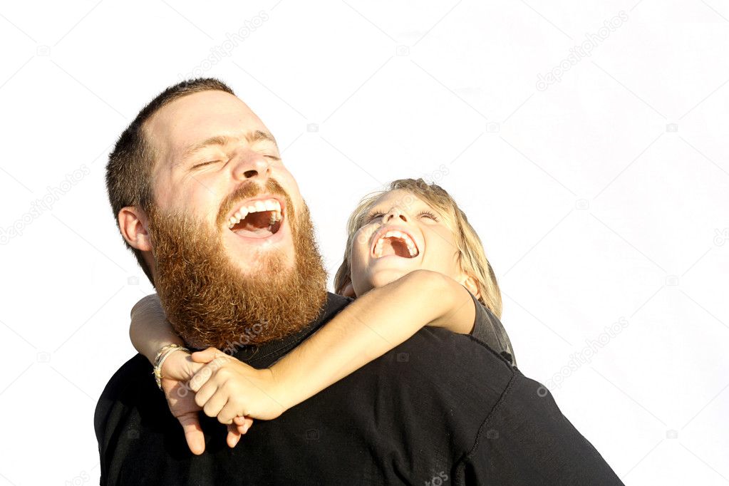 Father and child laughing together, happy families