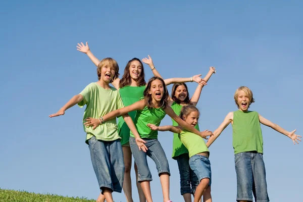 Happy group of kids at summer camp singing or shouting, Stock Picture