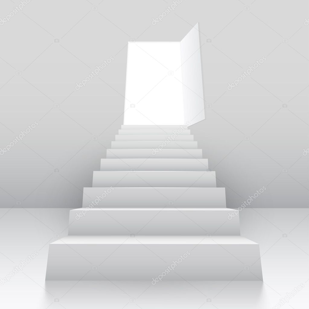 White staircase to open door.