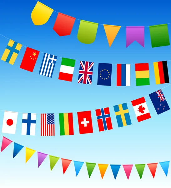 stock vector bunting flags and country flags on a blue sky