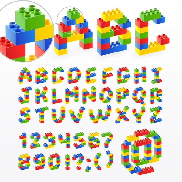 Πολύχρωμο τούβλο παιχνίδια γραμματοσειρά με αριθμούς — Διανυσματικό Αρχείο
