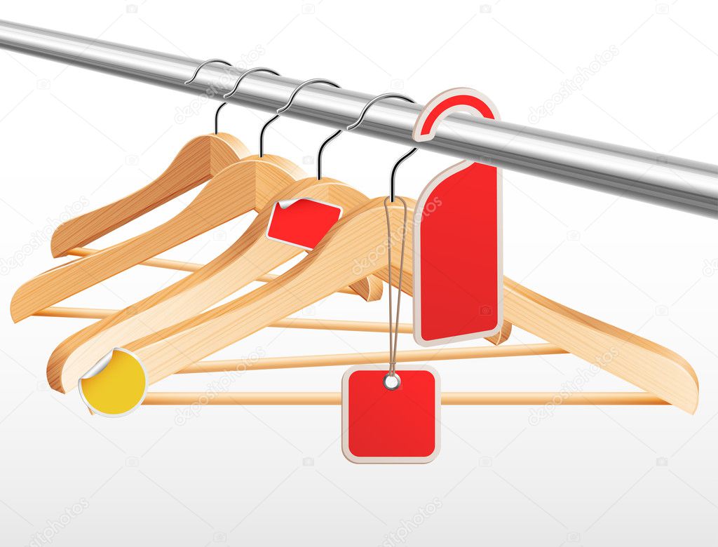 Wooden hangers with sale tags and stickers