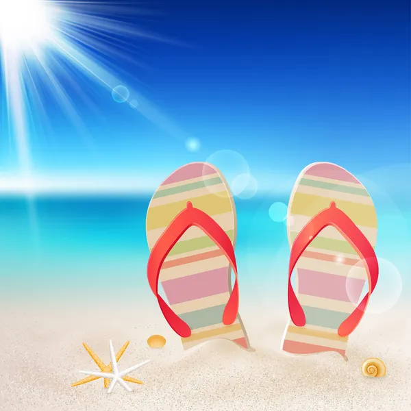 Flip-flops and shells on the beach — Stock Vector