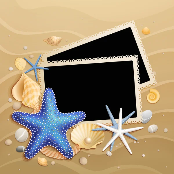 Imágenes, conchas y estrellas de mar sobre fondo de arena — Vector de stock